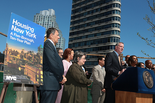 Mayor Bill de Blasio unveils "Housing New York: A Five-Borough, Ten-Year
 Housing Plan to Protect and Expand Affordability," in Brooklyn, on 
Monday, May 5, 2014.