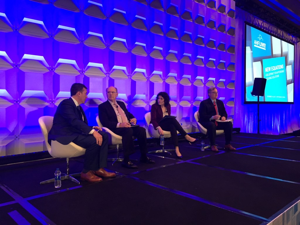 From left, Jeff Whiting, president and CEO, CREA; Rick Goldstein, partner, Nixon Peabody; Emily Cadik, director of public policy, Enterprise Community Partners; and David Gasson, vice president, Boston Capital, and executive director, Housing Advisory Group, break down the latest on tax reform at AHF Live: The Affordable Housing Developers Summit in Chicago on Nov. 15.