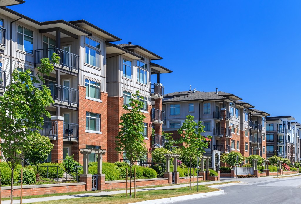 Modern apartment buildings in Richmond, British Columbia, Canada.