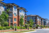 Modern apartment buildings in Richmond, British Columbia, Canada.