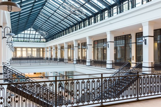 The building, which is listed on the National Register of Historic Places, retains many of its architectural features, such as the exterior's distinguished brickwork and facade and the interior lobby's glass atrium skylight. The skylight was dismantled, fully restored, and replaced piece by piece in the new retail arcade.