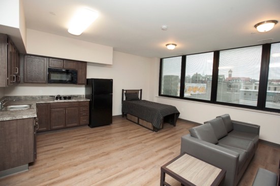 The Sheakley Center for Youth utilizes a Housing First model to target homeless transition-aged youth between 18 and 24 who are living on the streets or in an emergency shelter. The building includes 39 efficiency and one-bedroom units of permanent supportive housing.