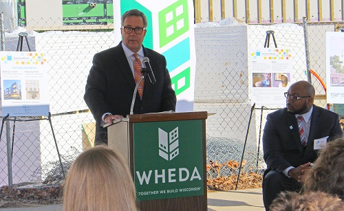 Brian Schimming, COO of the Wisconsin Housing and Economic Development Authority, announces the LIHTC awards at the site of CommonBond's awarded project, Tree Lane Senior Apartments in Madison.
