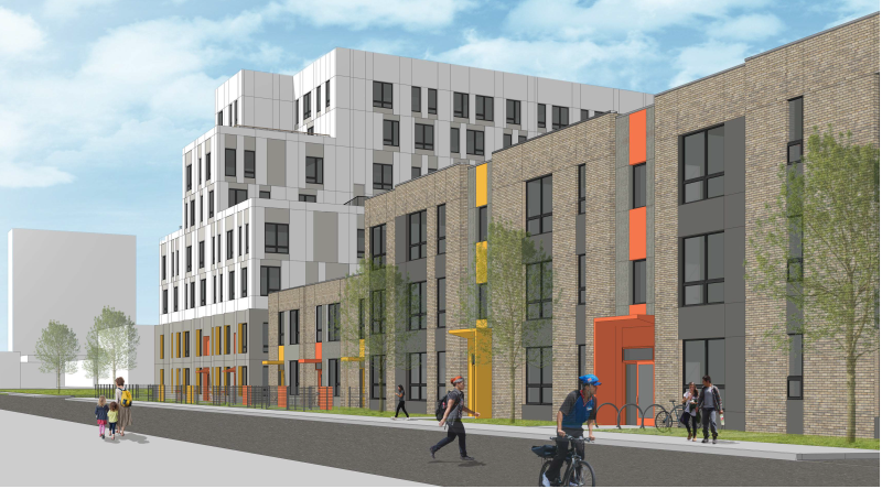Parkside 5 will feature a trio of three-story walk-up buildings and an eight-story structure with townhome units at its base. Planned amenities include a community room, a fitness center, and on-site social services for residents.